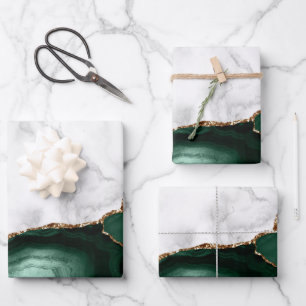 White Marble Gilded Emerald Green Agate Geschenkpapier Set