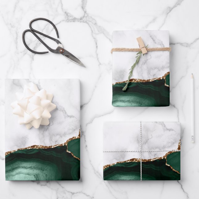 White Marble Gilded Emerald Green Agate Geschenkpapier Set (Vorderseite)