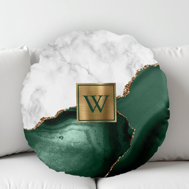 White Marble Gilded Emerald Green Agate Monogram Rundes Kissen (Von Creator hochgeladen)