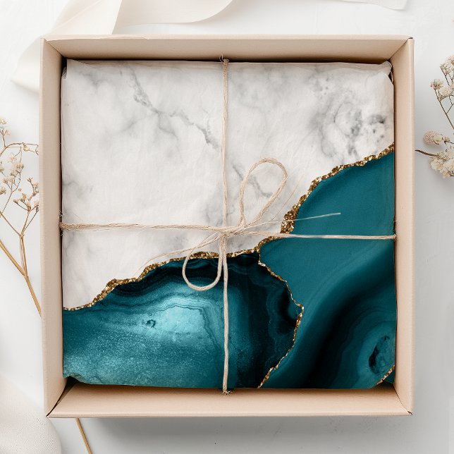 White Marble Gilded Teal Blue Agate Seidenpapier (Von Creator hochgeladen)