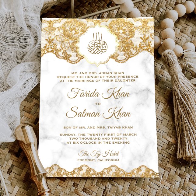 White Marble Gold Foil Lace Islamische Hochzeit Einladung (Von Creator hochgeladen)