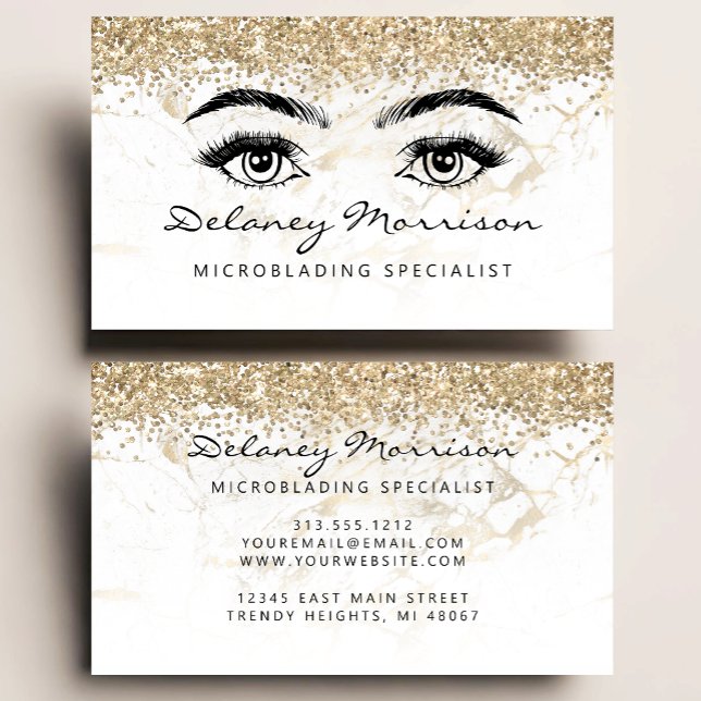 White Marble Gold Glitter Eyes Microblading Visitenkarte (Von Creator hochgeladen)