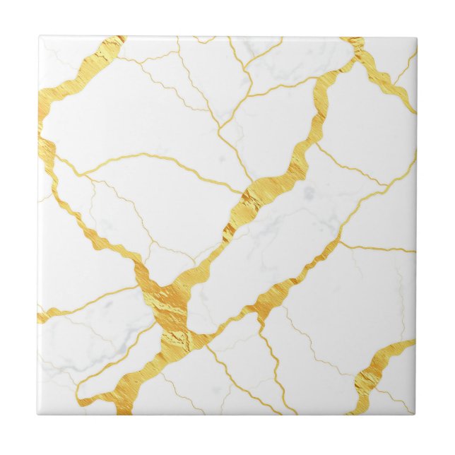 White Marble Gold Veins Pattern Fliese (Vorderseite)