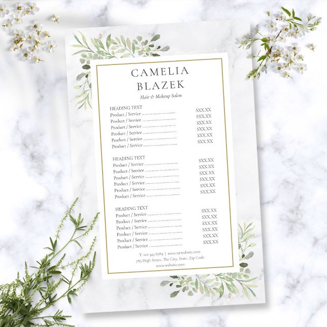 White Marble Greenery Salon Service Menu Flyer (White Marble Greenery Salon Service Menu Flyer)