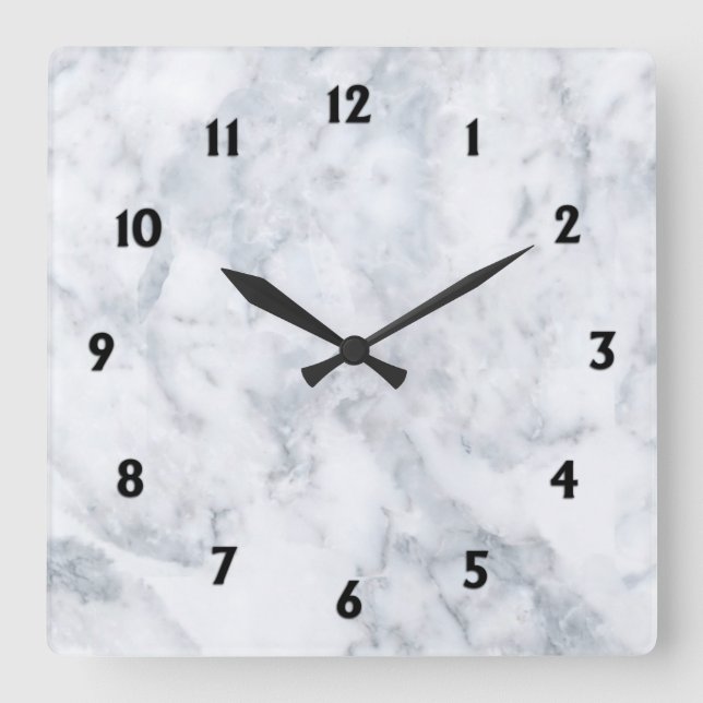 White Marble Look w Black Numbers Quadratische Wanduhr (Vorderseite)