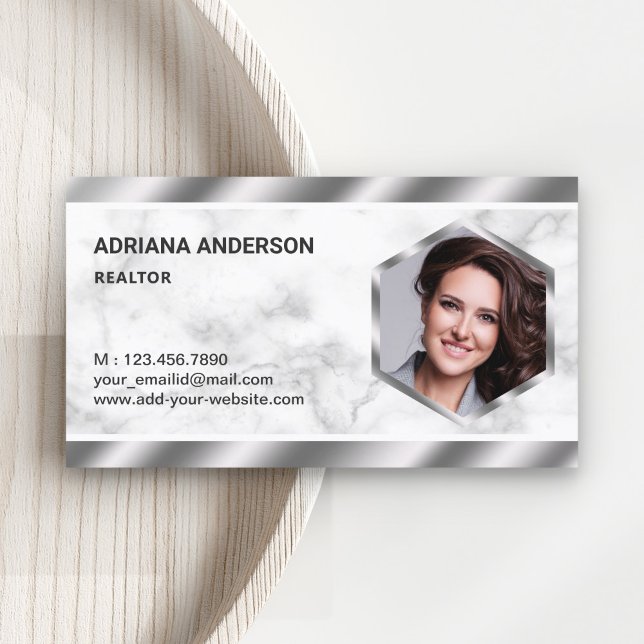 White Marble Metallic Real Anwesen Foto Realtor Visitenkarte (Von Creator hochgeladen)