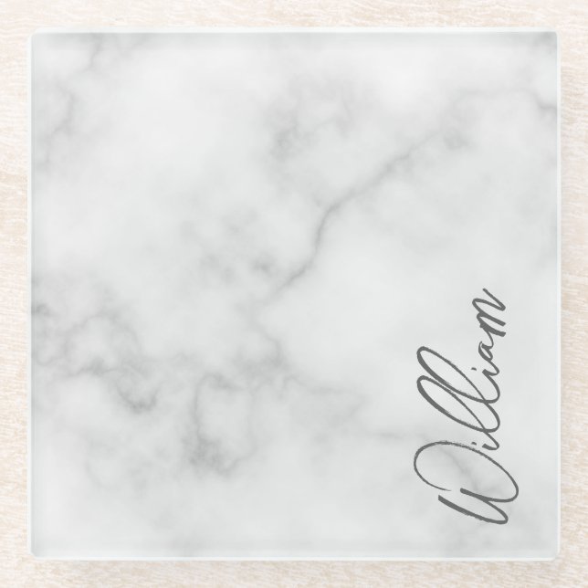 White Marble Modernes Script Personalisiert Name Glasuntersetzer (Vorderseite)