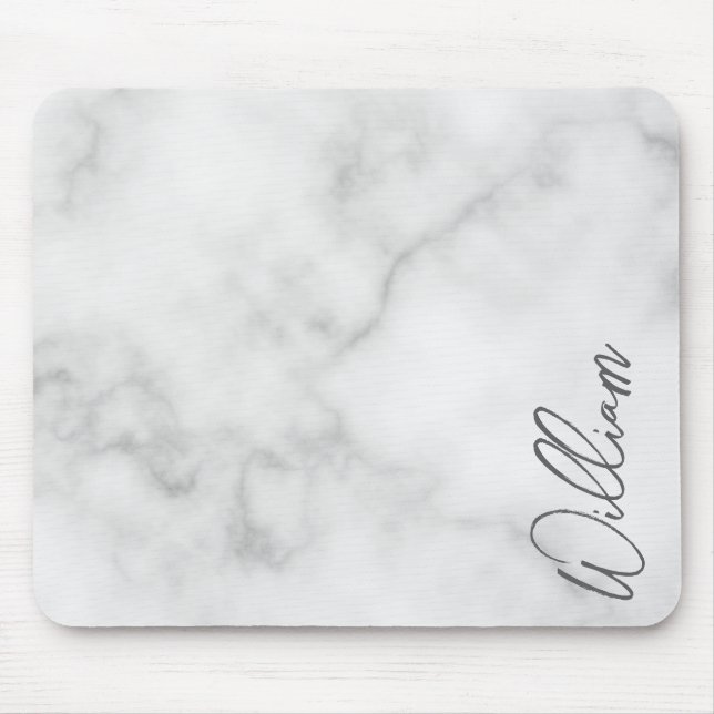 White Marble Modernes Script Personalisiert Name Mousepad (Vorne)