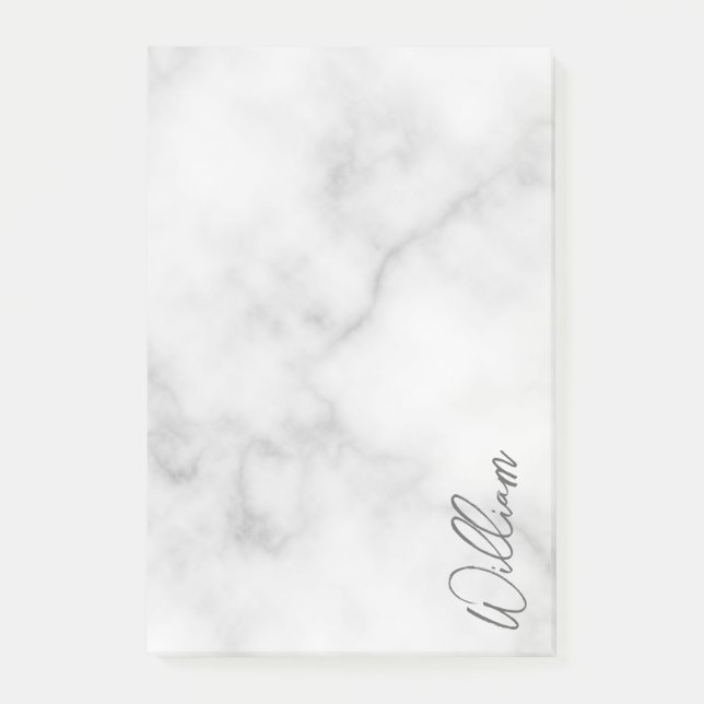 White Marble Modernes Script Personalisiert Name Post-it Klebezettel (Vorderseite)