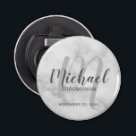 White Marble Modernes Script Personalisierte Trauz Flaschenöffner<br><div class="desc">Fügen Sie Ihrer Hochzeit eine persönliche Touch mit einem personalisierten Trauzeugen Flaschenöffner hinzu. Dieser Flaschenöffner zeigt den Namen der personalisierten Trauzeugen im Stil von grauem, modernem Script-Schriftart und Monogramm im hellgrauen, modernen Script-Schriftart-Stil als Hintergrund mit Titel und Hochzeitsdatum in grauem, modernem Sans Serif-Schriftart auf weißem Marmorboden. Auch perfekt für Trauzeuge,...</div>