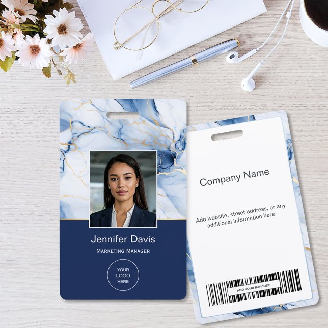 White Marble Navy Blue Gold Custom Name Badge Ausweis (Von Creator hochgeladen)