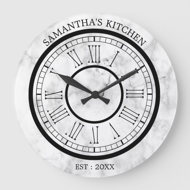 White Marble Roman Numeral Kitchen Große Wanduhr (Vorderseite)
