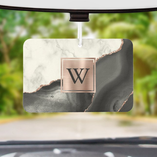 White Marble Rose Gold Black Agate Monogram Autolufterfrischer (Von Creator hochgeladen)