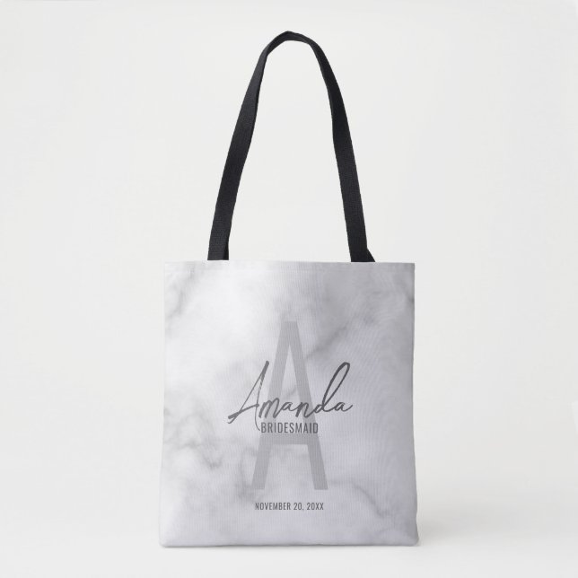 White Marble Script Personalisiert Bridesmaid's Na Tasche (Vorderseite)