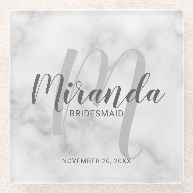 White Marble Script Personalisiert Bridesmaiers Glasuntersetzer (Vorderseite)
