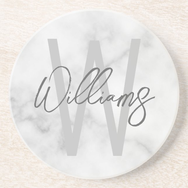 White Marble Script Personalized Monogram and Name Getränkeuntersetzer (Vorne)