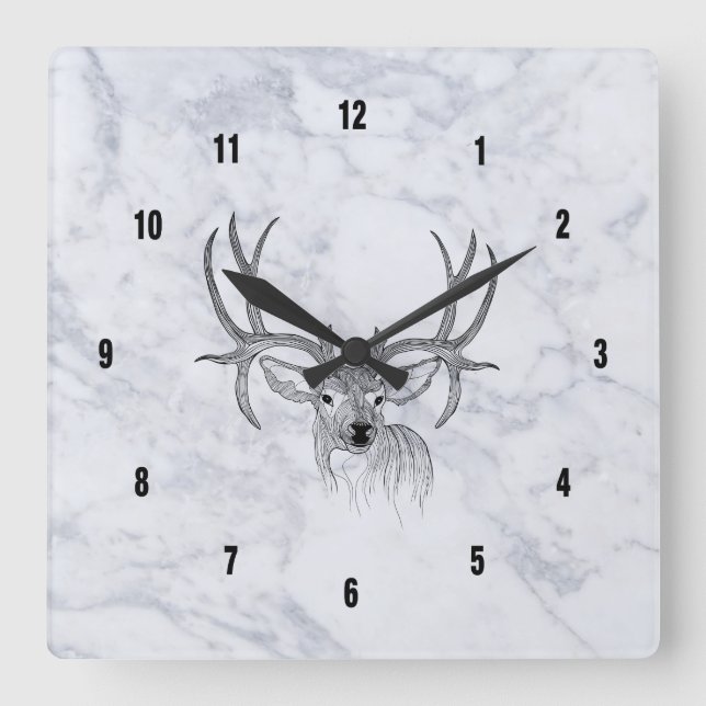 White Marble Texture & Black Deer Illustration Quadratische Wanduhr (Vorderseite)