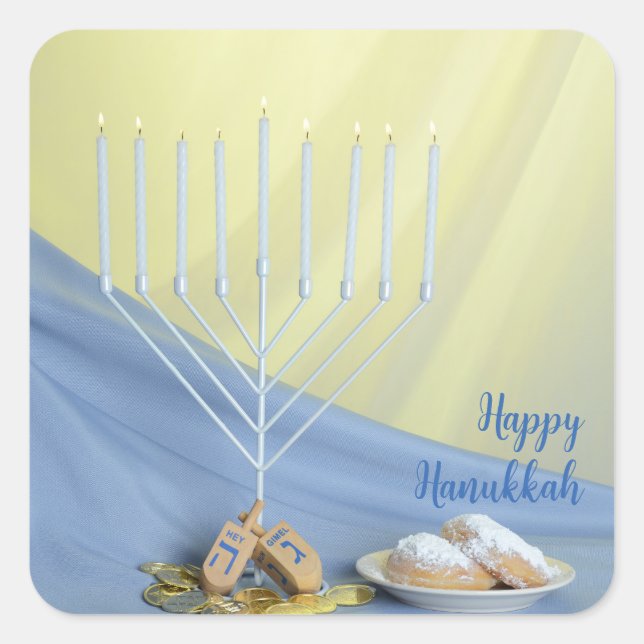 White Menorah Gold Coins & Dreidels Happy Hanukkah Quadratischer Aufkleber (Vorderseite)