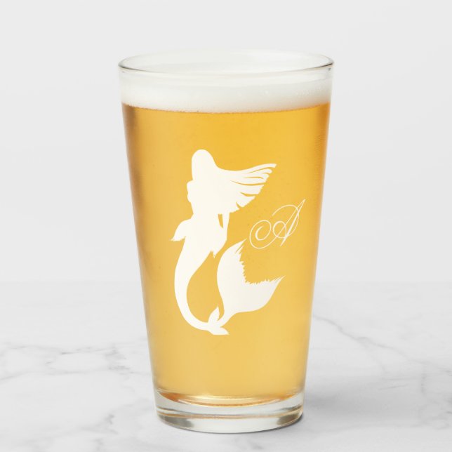 White Mermaid Silhouette & Monogram Script Glas (Vorne (Gefüllt))
