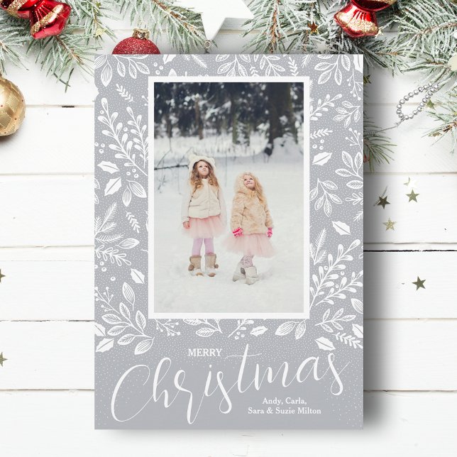 White Merry Christmas Gray Foto Feiertagskarte (White botanicals on gray Merry Christmas photo holiday cards, PRINTED and/or INSTANT DOWNLOAD)