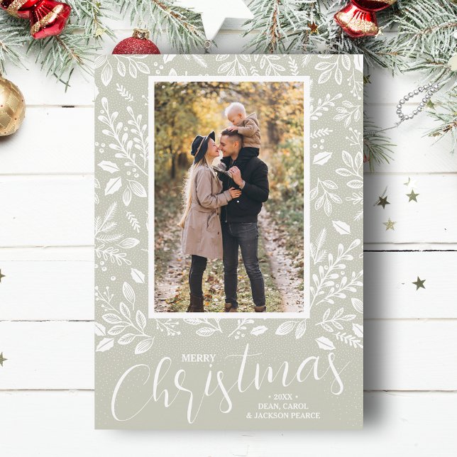 White Merry Christmas Greenery Foto Feiertagskarte (White botanicals on sage green Merry Christmas photo holiday cards, PRINTED and/or INSTANT DOWNLOAD)