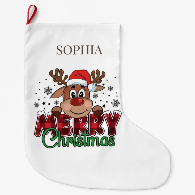 White Merry Christmas Reindeer Individuelle Name Großer Weihnachtsstrumpf (Vorderseite)