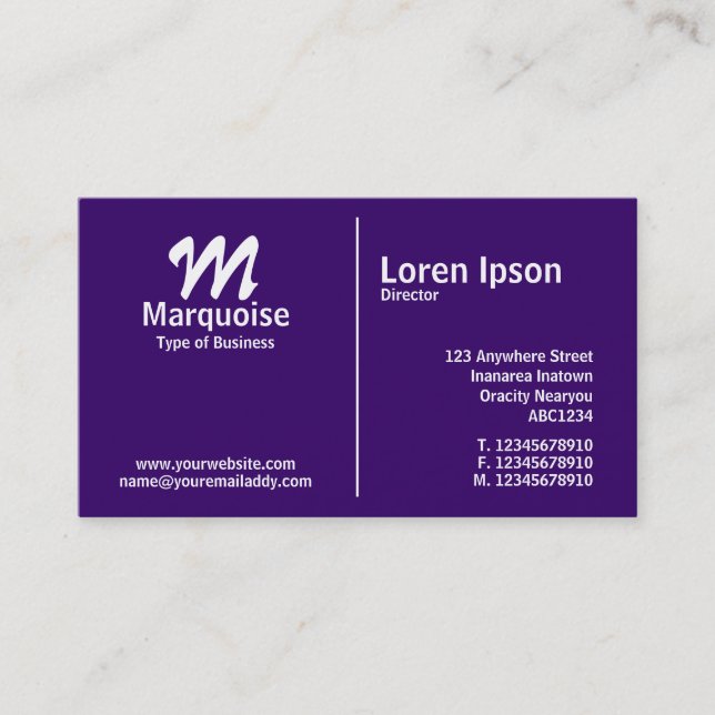 White Middle Rule Monogram - Dark Violet Visitenkarte (Vorderseite)