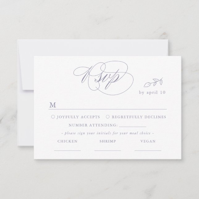 White Minimal Leaf Violet Schriftart & QR Code RSV RSVP Karte (Vorderseite)
