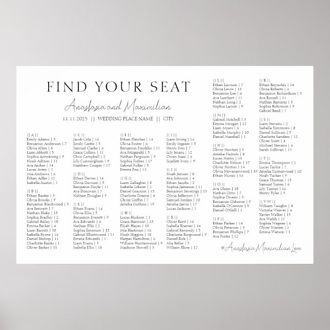 White Minimal Wedding Alphabetical Seating Chart Poster (Vorne)