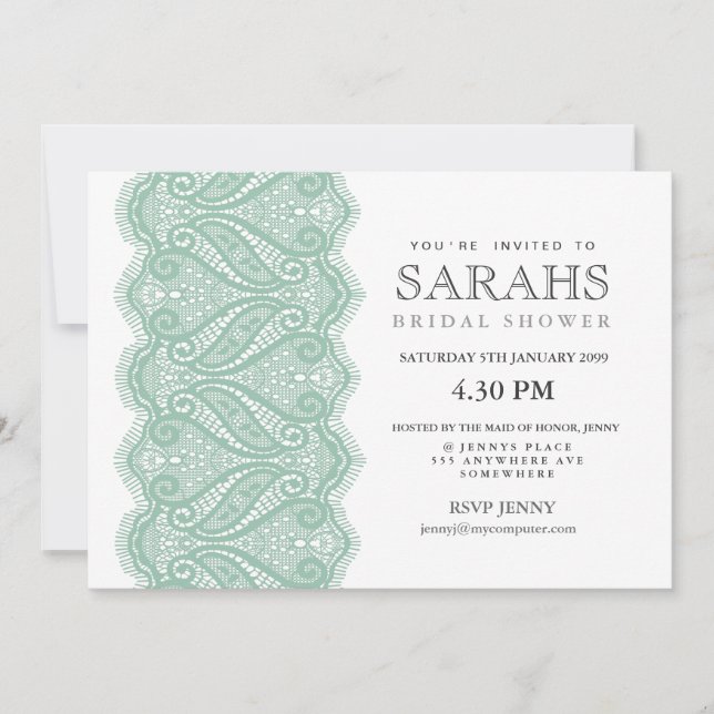 White & Mint Filigree Lace Brautparty laden Einladung (Vorderseite)