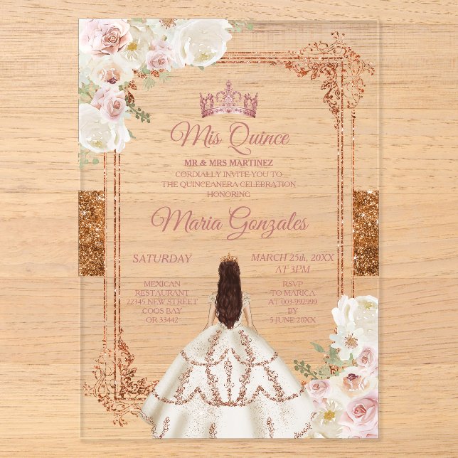 White Mis Quince Crown Rose Gold Quinceañera Acryleinladungen (Vorderseite)
