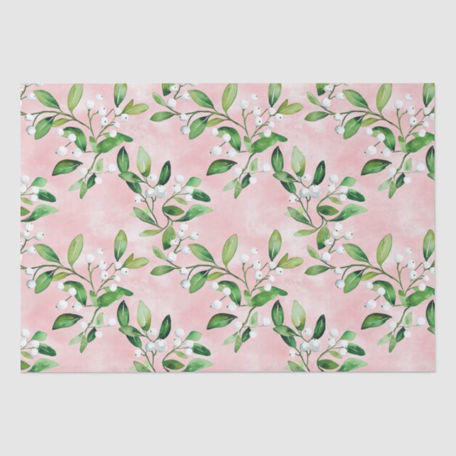 White Mistletoe On Pink Vintage Weihnachten Seidenpapier (Vorderseite)