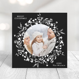 White Modern Boho Wildblume Black Square Foto Feiertagskarte