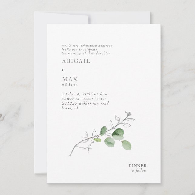 White Modern Botanical Foliage Wedding Einladung (Vorderseite)