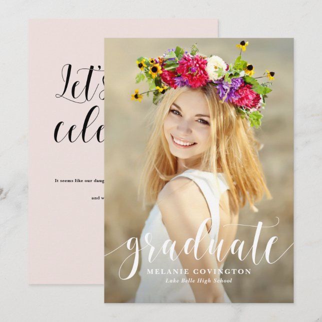 White Modern Calligraphy Foto Abschluss Einladung (Vorne/Hinten)