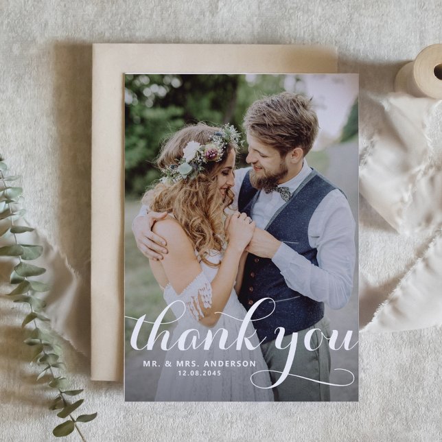 White Modern Calligraphy Foto Wedding Dankeskarte (Von Creator hochgeladen)