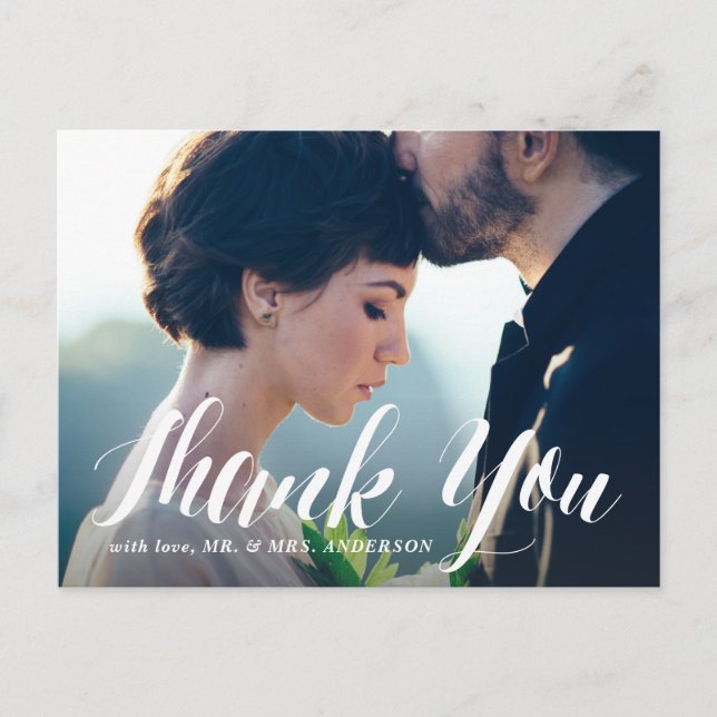White Modern Calligraphy Foto Wedding Vielen Dank Postkarte (Vorderseite)