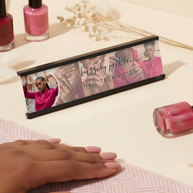 White Modern Foto Collage Script Kalligrafy Name Schreibtischnamensplakette (White Modern Photo Collage Script Calligraphy Name Desk Name Plate)