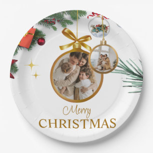 White Modern Frohe Weihnachten 9" Round Paper Plat Pappteller