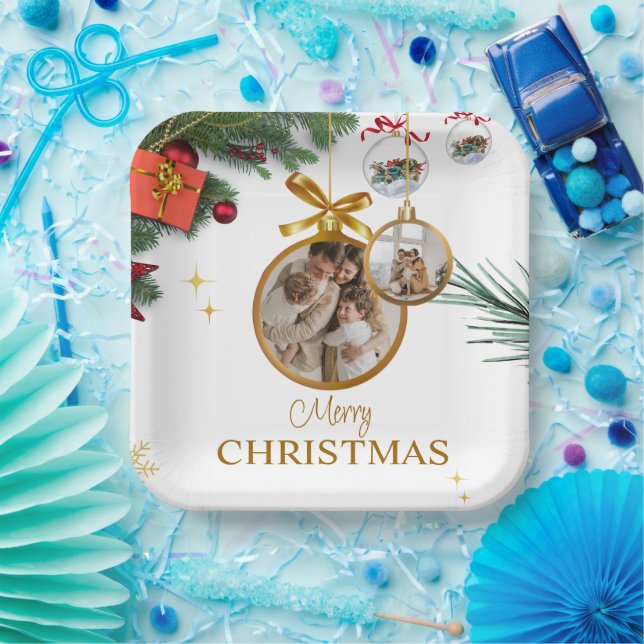 White Modern Frohe Weihnachten 9" Square Paper Pla Pappteller (Party)