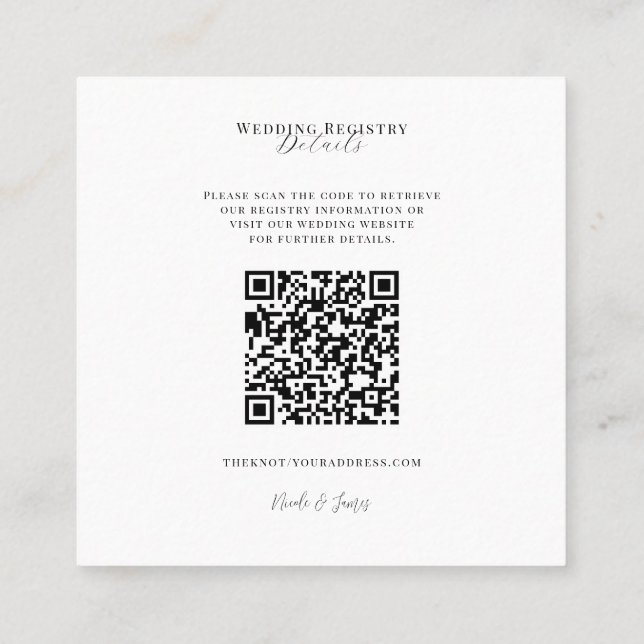 White Modern Minimal Wedding Registry QR Code Quadratische Visitenkarte (Rückseite)