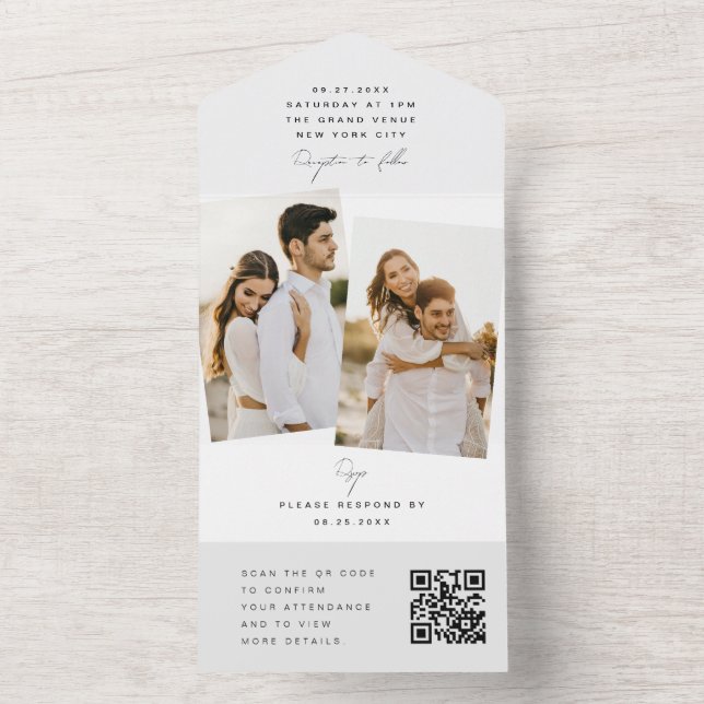 White Modern Minimalistisch Wedding Foto QR Code U All In One Einladung (Innen Boden)