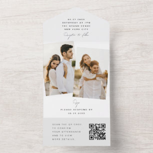 White Modern Minimalistisch Wedding Foto QR Code U All In One Einladung