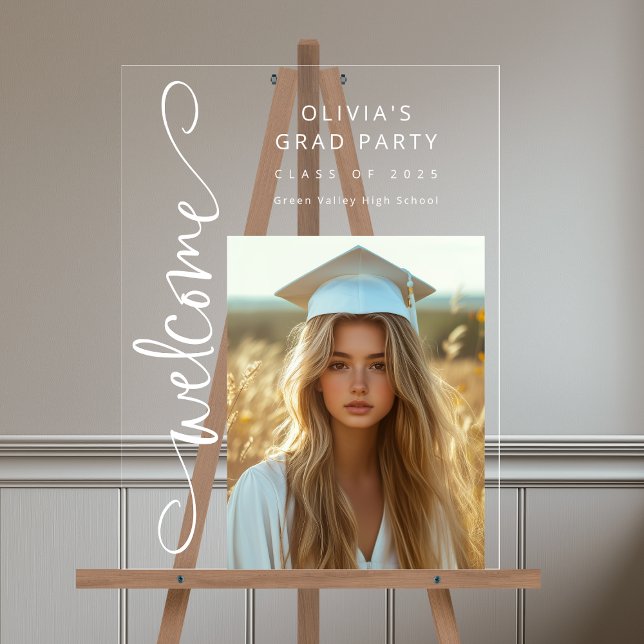 White Modern Script Photo Grad Party Welcome (Shown on an 18" x 24" clear acrylic sign)