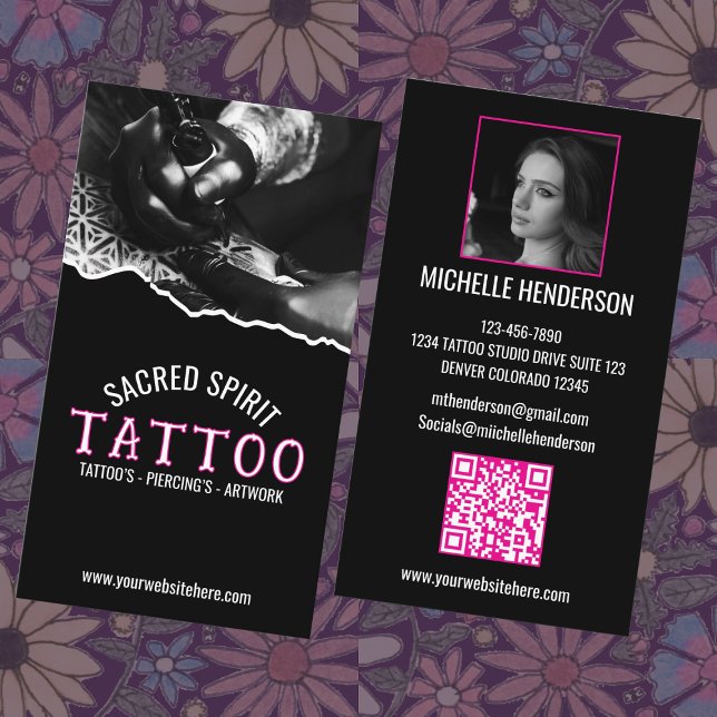 White Modern Text 2 Photo QR Code Tattooist Visitenkarte (Von Creator hochgeladen)