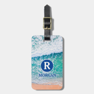 White Monogram & Blue Name, Beach Waves, Info Vs 3 Gepäckanhänger