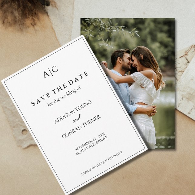 White Monogram Wedding Foto Save the Date Card (Von Creator hochgeladen)