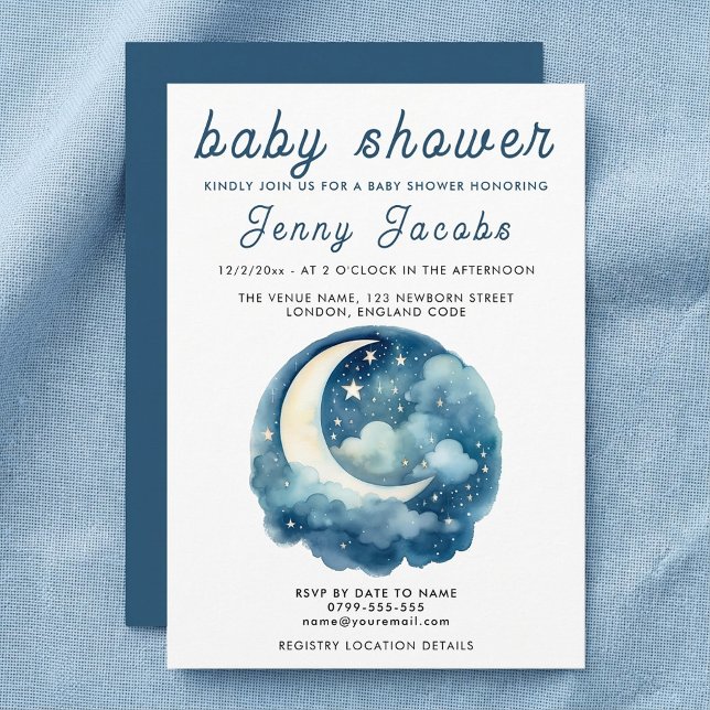 White Moon & Stars Baby Dusche Nachthimmel Einladung (White Moon & Stars Baby Shower night sky Invitation.)