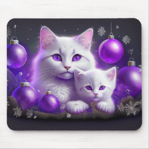 White Mother Cat and Kitten Lila Weihnachtslandsch Mousepad