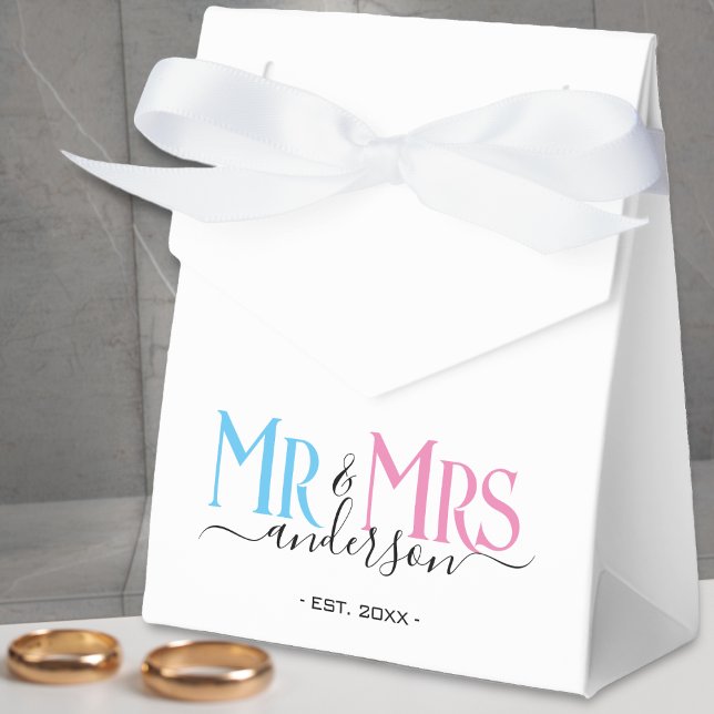 White Mr & Mrs Newlywed Gastgeschenk Hochzeit Dank Geschenkschachtel (pink and blue mr and mrs white wedding favor box)
